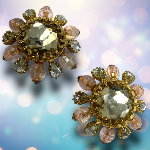 Vintage Jay Strongwater Pastel Crystal Flower Shape Statement Earrings Mogul WOW - Picture 1 of 5